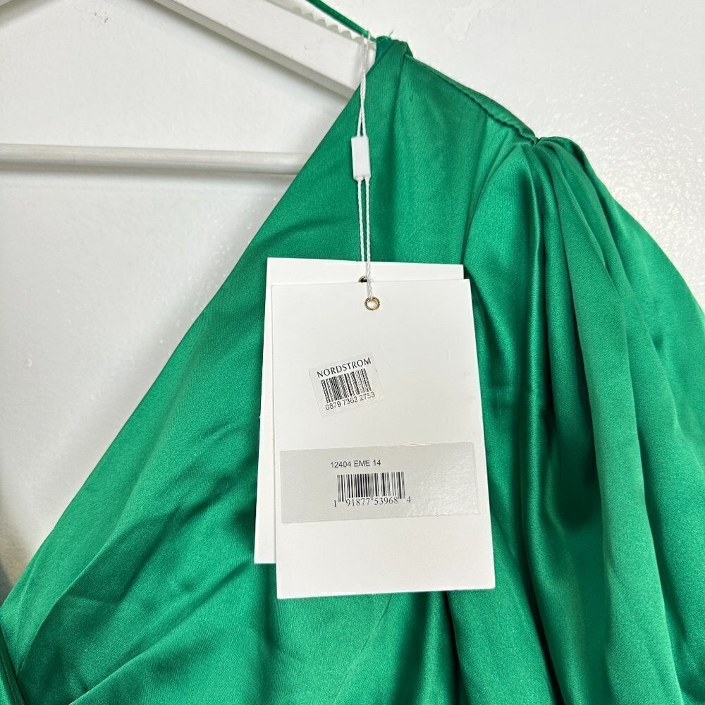 MAC DUGGAL Puff Sleeve Satin Faux Wrap Gown in Emerald Green Size US 14 NWT - Picture 6 of 12